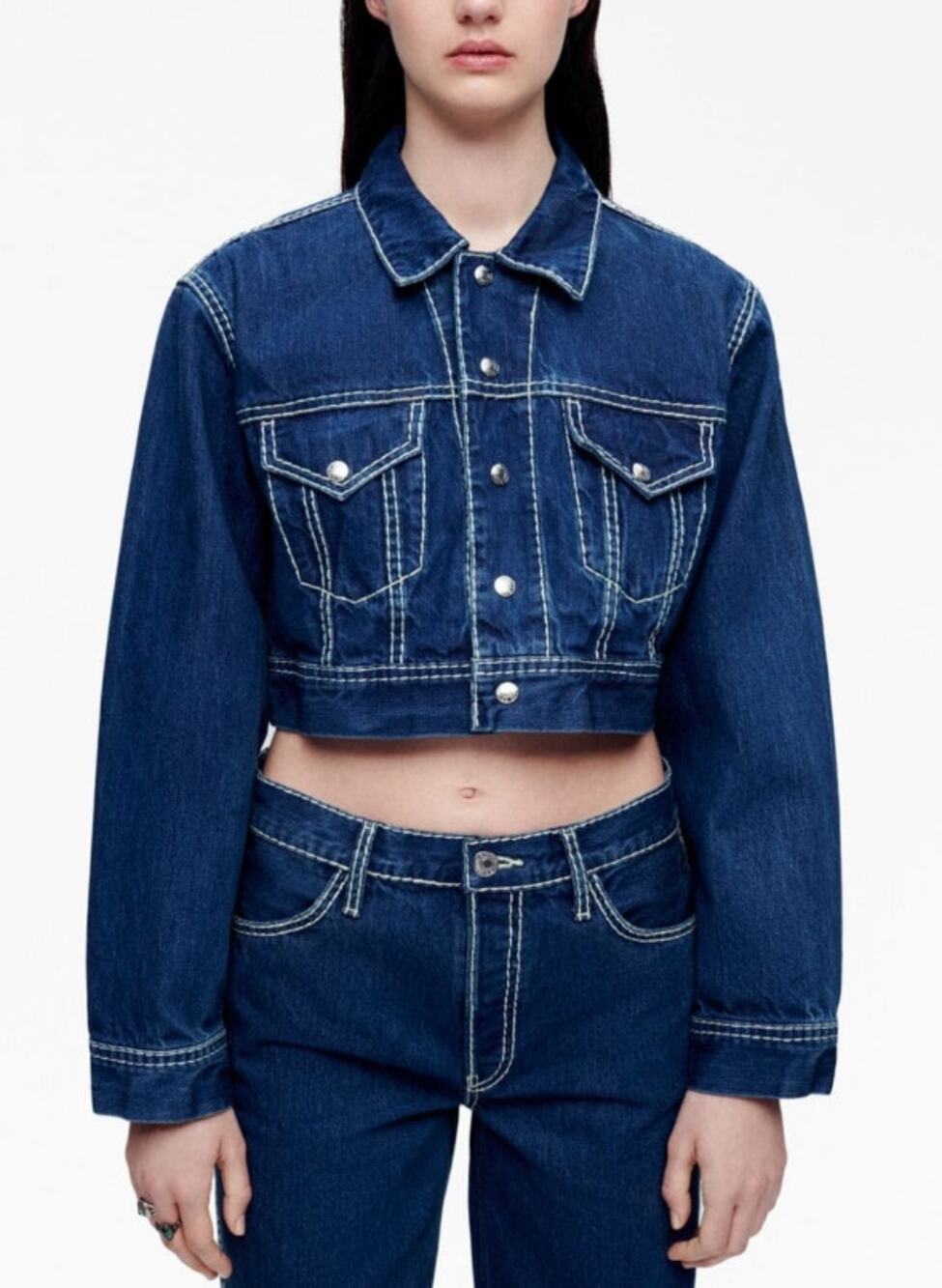 RE/DONE Women's Chunky Stitch Cropped Denim Jacket Small Blue Indigo Collar NWOT